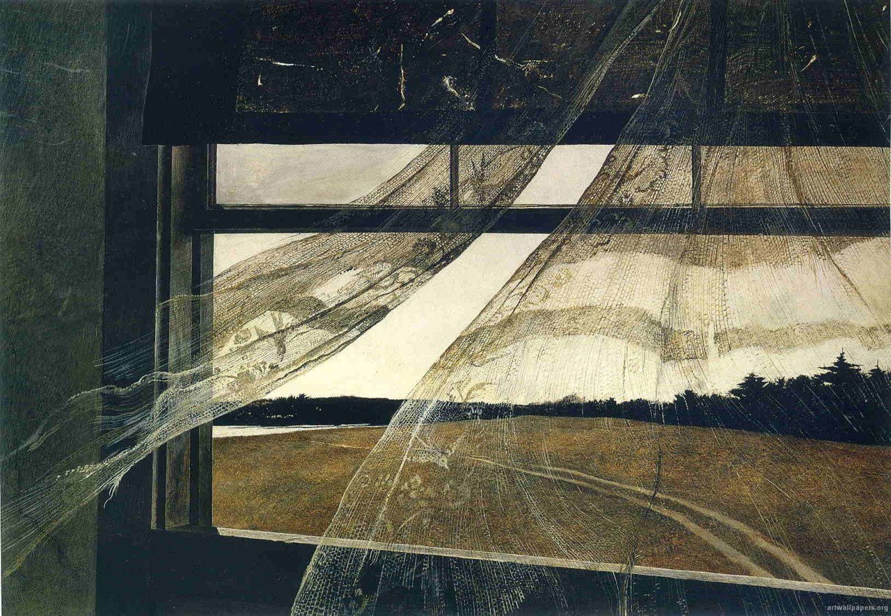 A tattered window curtain is blown inwards in this painting by Andrew Wyeth